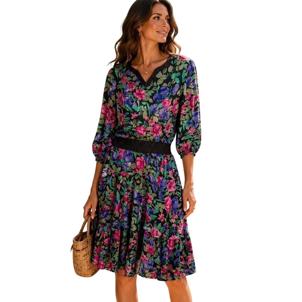 VTG Diane Freis Floral Beaded Ruffles Midi Dress Cottagecore garden party M